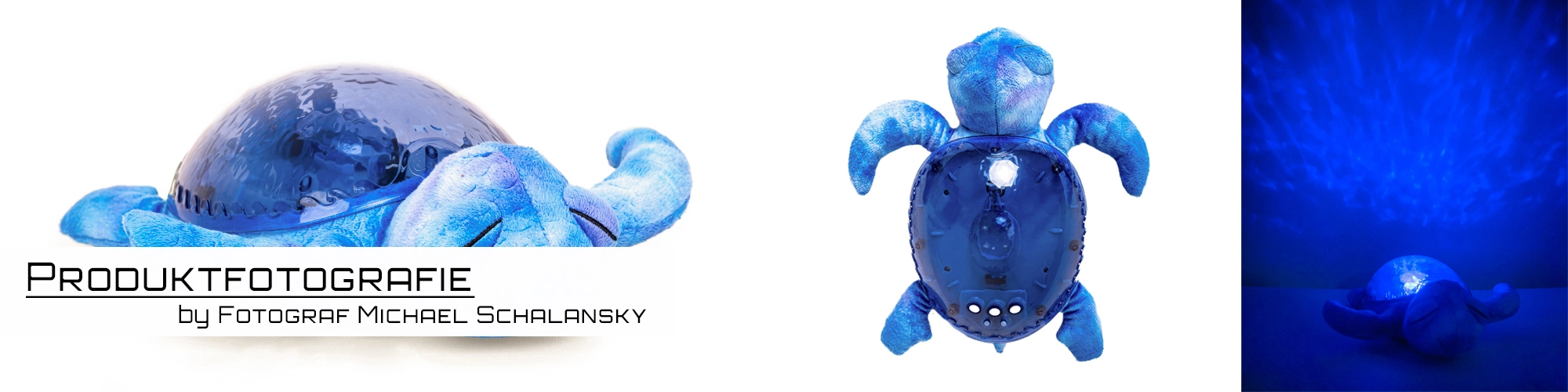 Eine horizontal angeordnete Collage von drei hochauflösenden Produktfotos der "Schildie Einschlafhilfe", einer blauen Kuscheltierschildkröte, die als Projektionslampe dient. Die Bilder zeigen das Produkt in verschiedenen Perspektiven und seine Funktion, eine bläuliche Wellenprojektion an die Decke zu werfen.